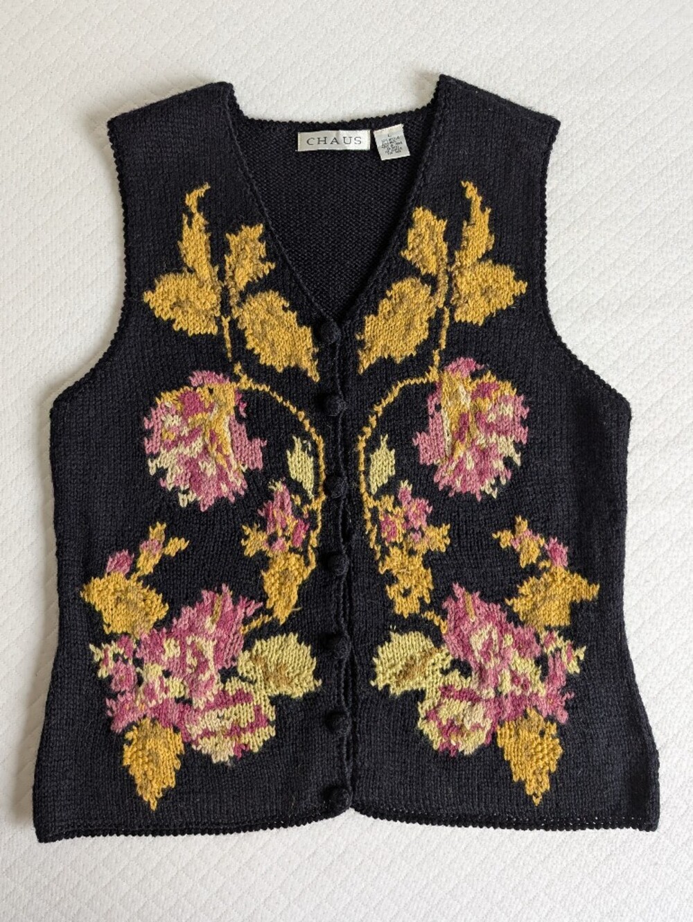 Chaus Black Vintage Floral Knit Vest Wool Blend, size L grandma cottagecore